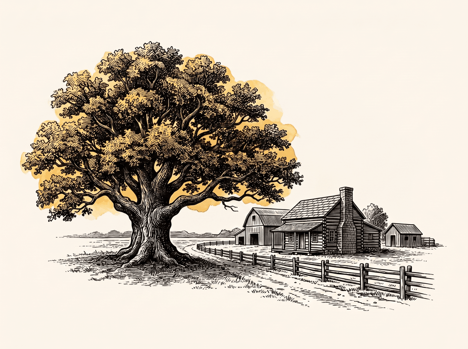 Engraving of a grand old oak tree standing over a modest prairie homestead