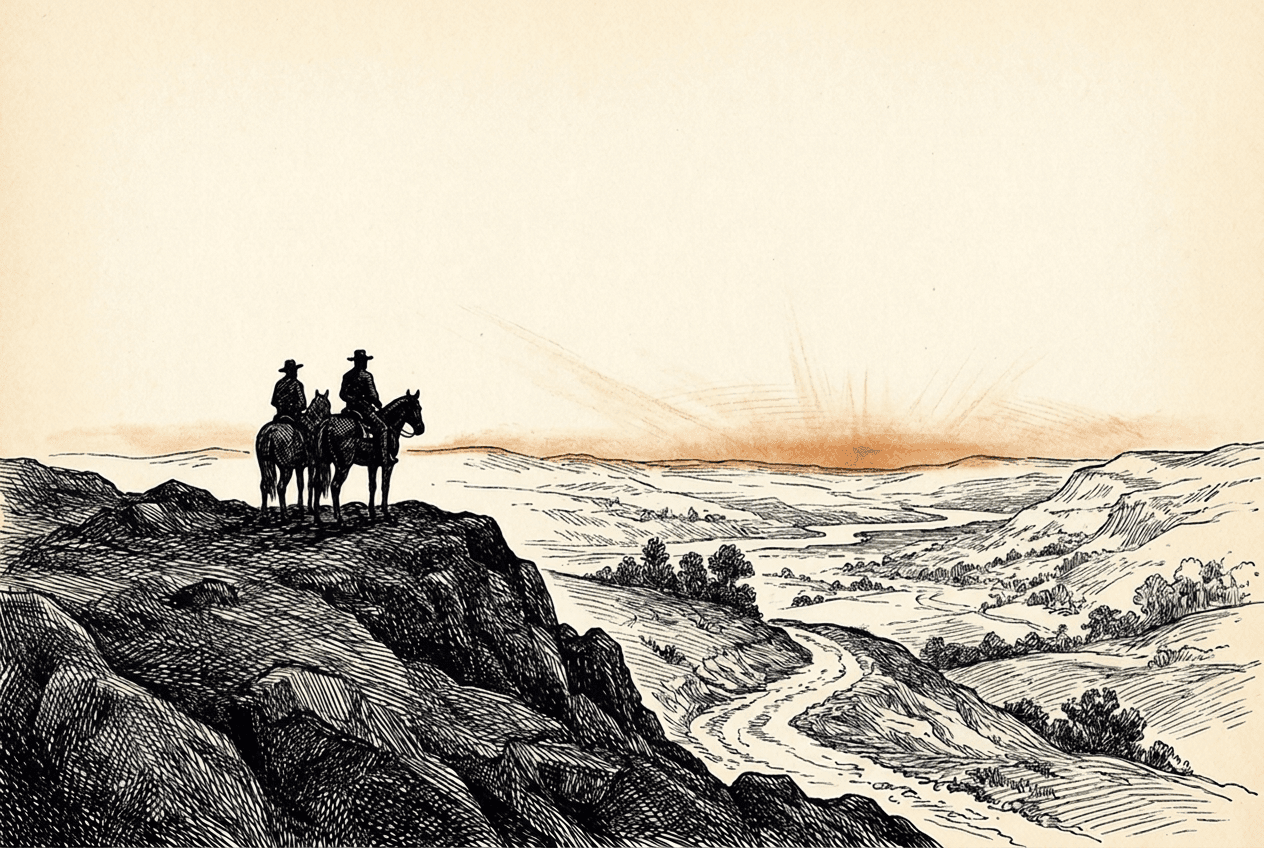 Engraving of two riders pausing on a high ridge at dawn above open country