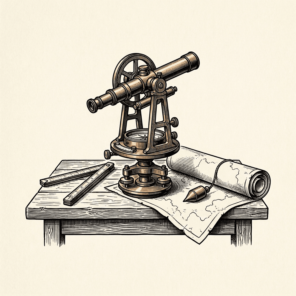 Engraving of antique surveyor's instruments on a wooden table